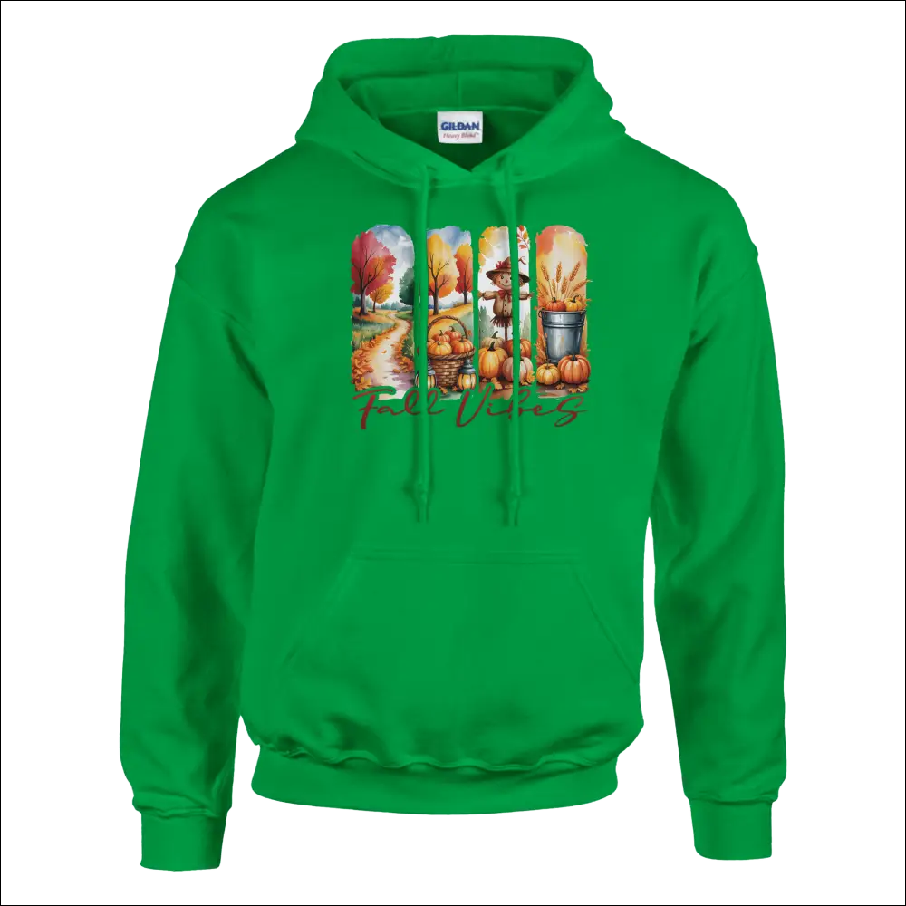 Vibrant green Gildan Fall Vibes unisex hoodie with autumn graphic