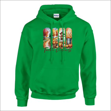 Vibrant green Gildan Fall Vibes unisex hoodie with autumn graphic