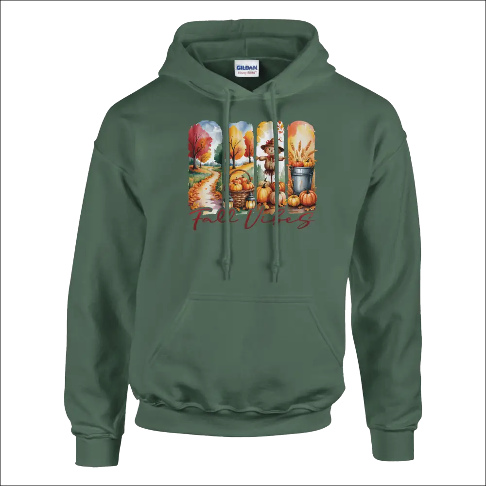 Olive green Gildan Fall Vibes hoodie with autumn pumpkins, trees, scarecrow