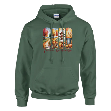 Olive green Gildan Fall Vibes hoodie with autumn pumpkins, trees, scarecrow