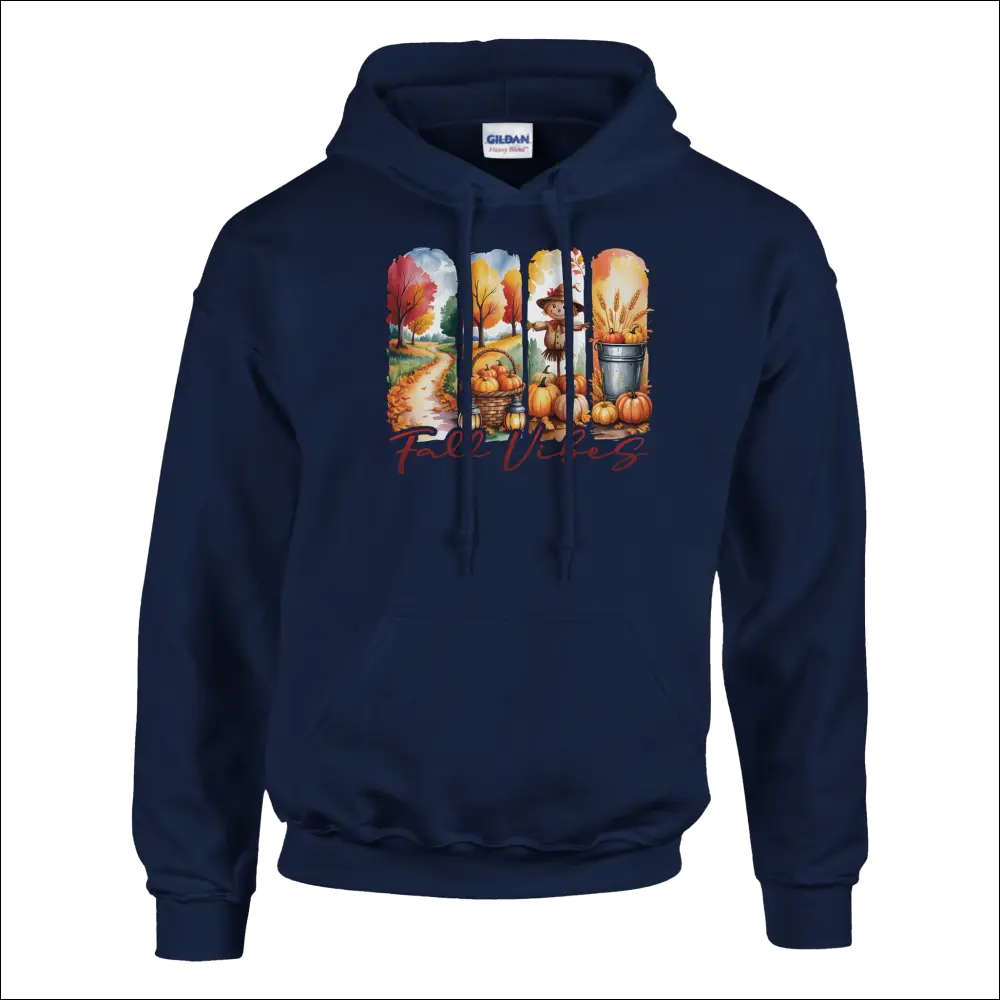 Navy blue Gildan Fall Vibes hoodie with colorful autumn graphic