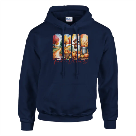 Navy blue Gildan Fall Vibes hoodie with colorful autumn graphic