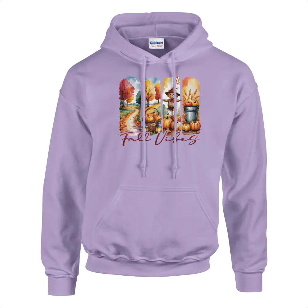 Lavender Gildan Fall Vibes hoodie with autumn pumpkins and trees