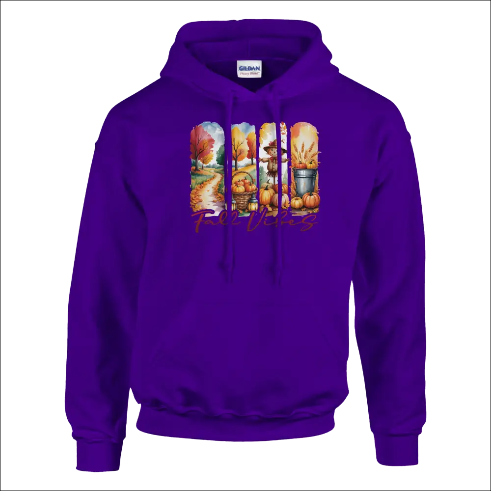 Purple Gildan Fall Vibes hoodie with autumn pumpkins and leaves