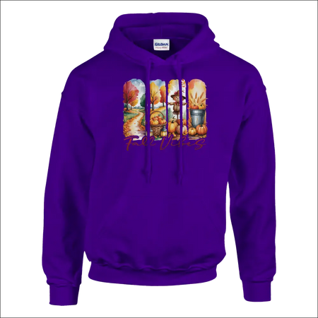 Purple Gildan Fall Vibes hoodie with autumn pumpkins and leaves