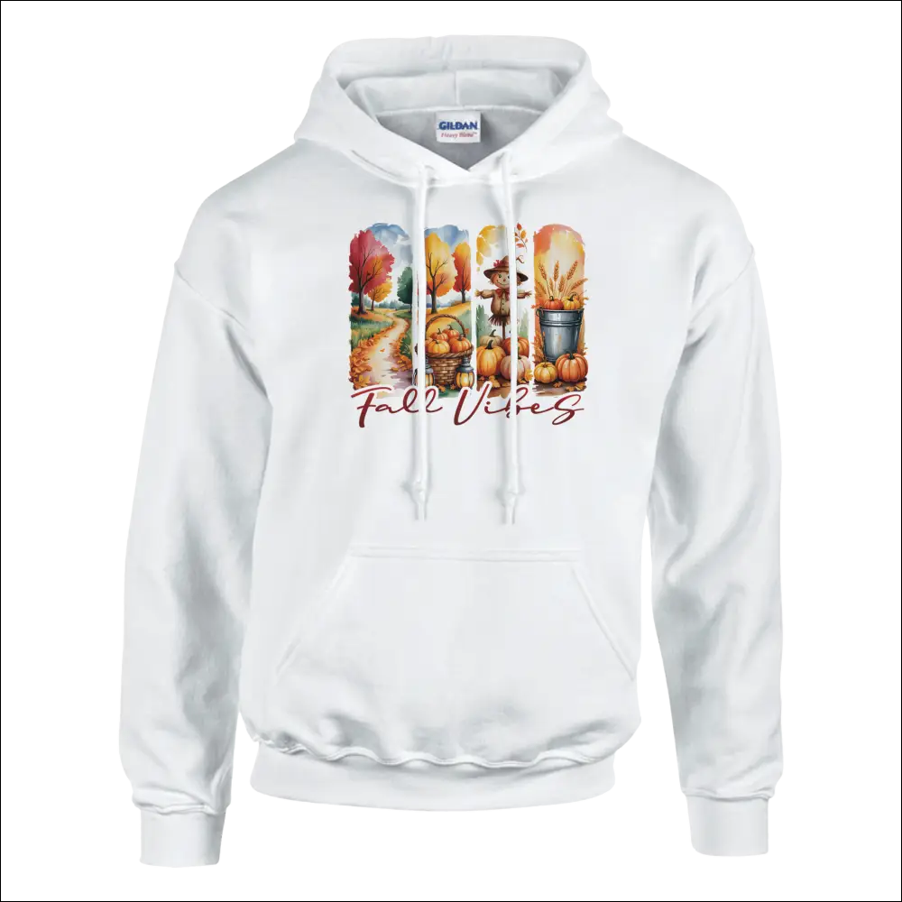 White Gildan Fall Vibes Unisex Hoodie with colorful autumn graphic