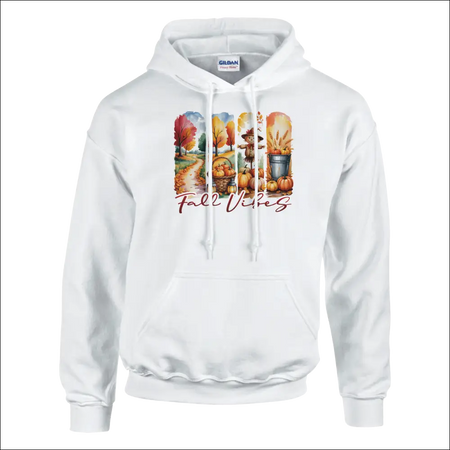 White Gildan Fall Vibes Unisex Hoodie with colorful autumn graphic