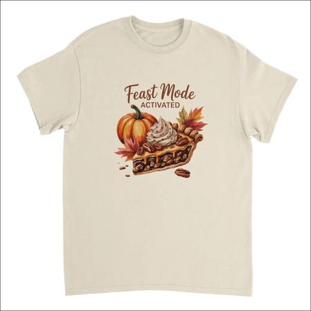 Cream-colored heavyweight cotton t-shirt with pumpkin pie graphic and Feast Mode Activated text