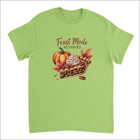Lime green Feast Mode Activated t-shirt with pecan pie illustration and autumn leaves