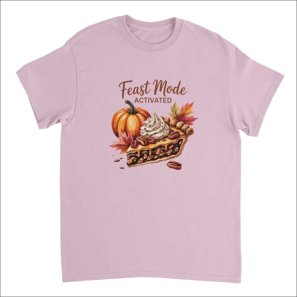 Lavender short-sleeved Feast Mode Activated T-shirt with pecan pie illustration and autumn leaves