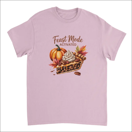 Lavender short-sleeved Feast Mode Activated T-shirt with pecan pie illustration and autumn leaves
