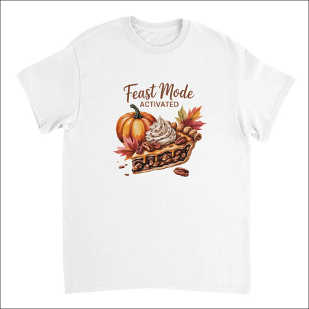 White cotton Feast Mode Activated t-shirt with colorful pumpkin pie graphic
