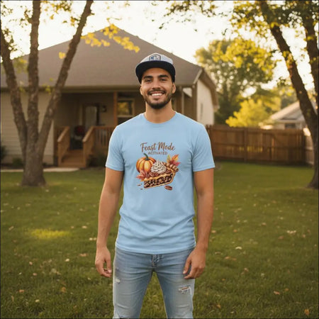 Light blue heavyweight cotton Feast Mode Activated t-shirt with pumpkin pie graphic