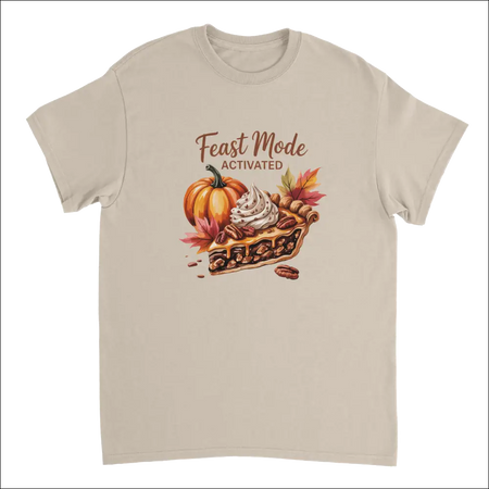 Beige Feast Mode Activated t-shirt with pumpkin pie illustration