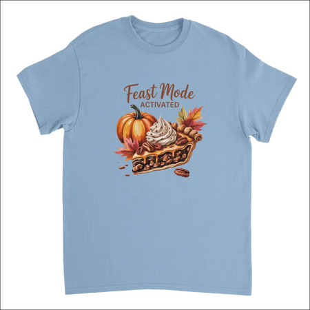 Light blue heavyweight cotton t-shirt with pumpkin pie illustration and Feast Mode Activated text