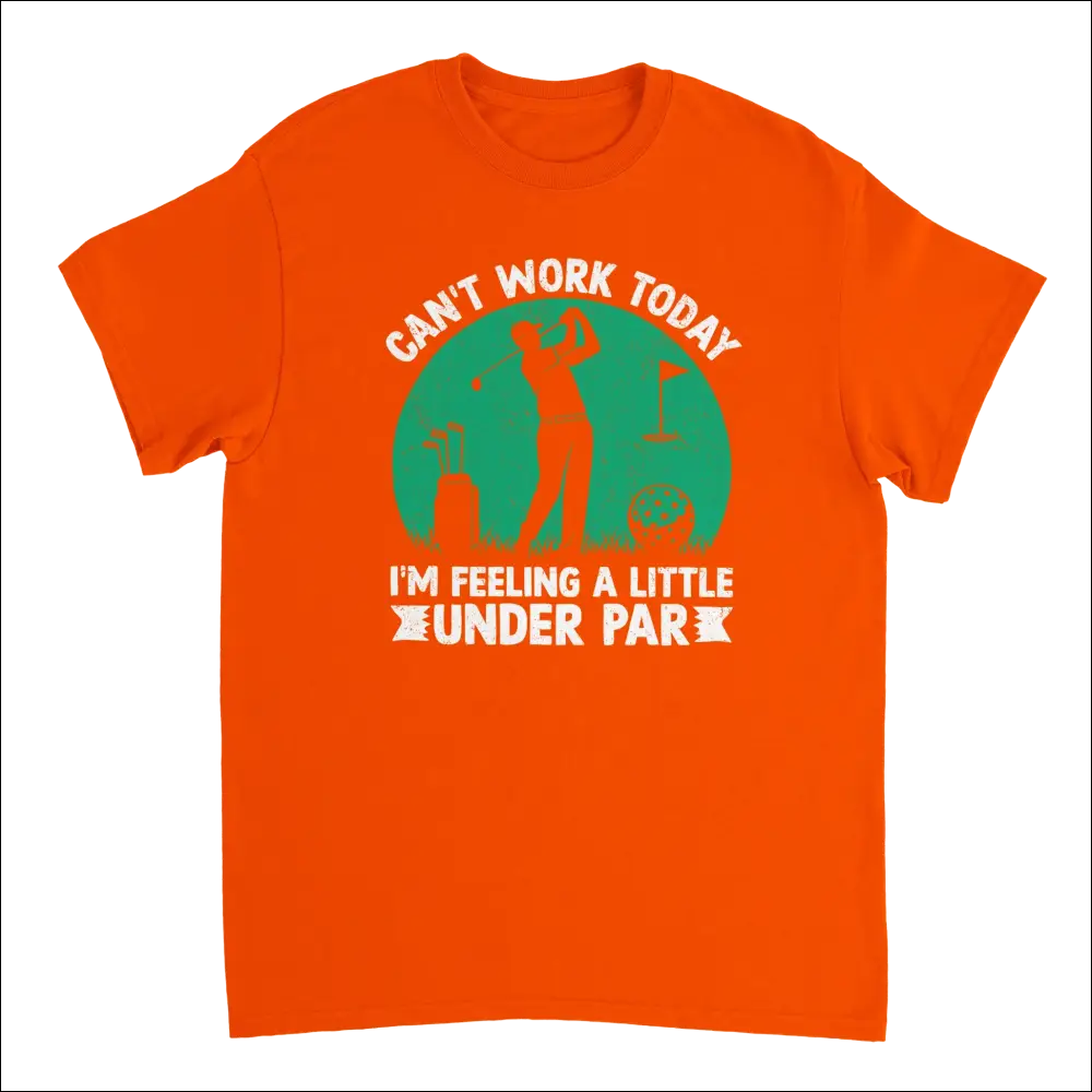 Vibrant orange short-sleeve Feeling Under Par golf t-shirt with teal graphic