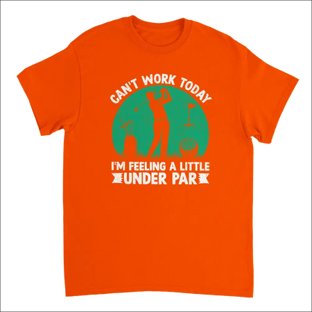 Vibrant orange short-sleeve Feeling Under Par golf t-shirt with teal graphic