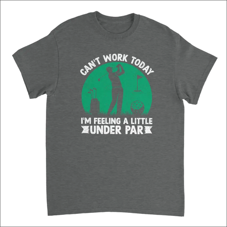 Dark gray cotton t-shirt with green golfer silhouette and under par text