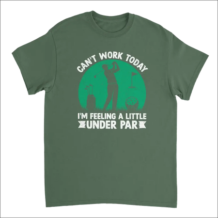 Olive green golfer t-shirt with under par pun graphic