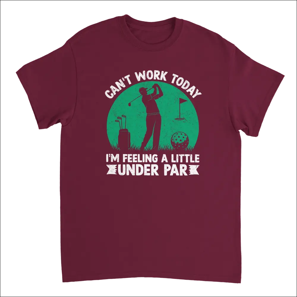 Maroon cotton golf t-shirt with under par pun graphic