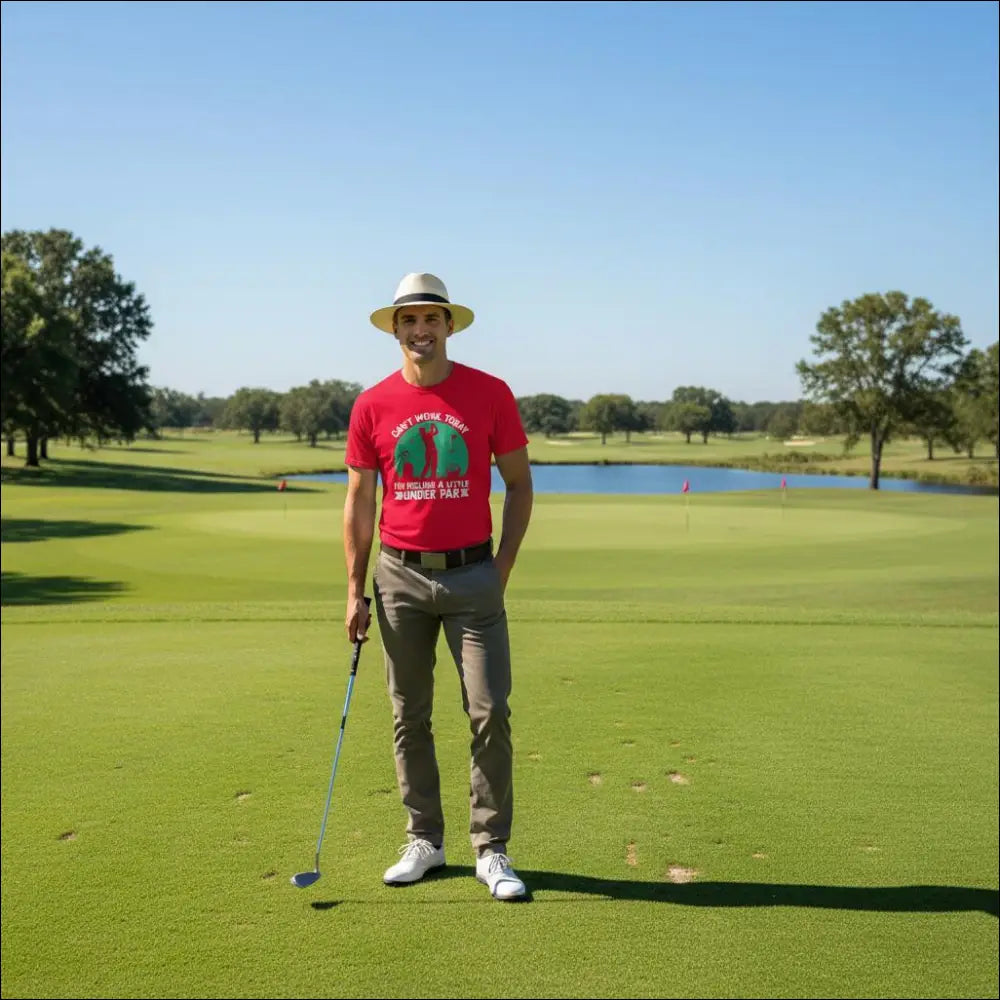Red Feeling Under Par Golf T-Shirt with green graphic and white text
