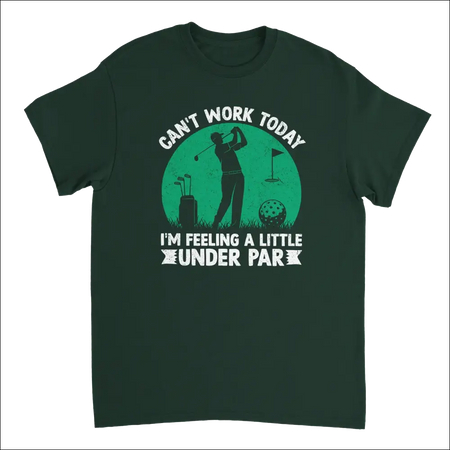 Dark green cotton t-shirt with teal golfer silhouette and under par text