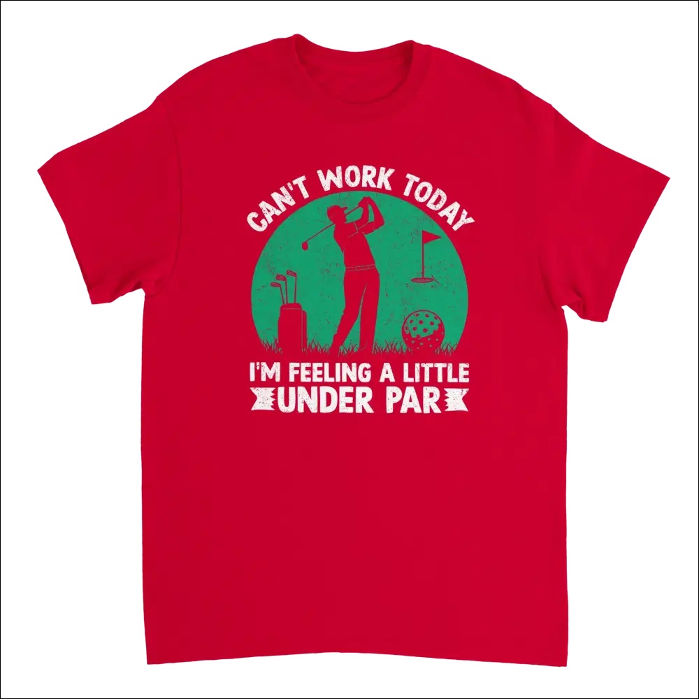 Red cotton t-shirt with green golfer silhouette and under par text