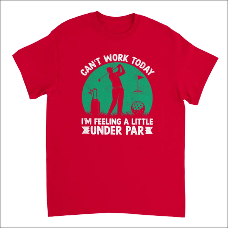 Red cotton t-shirt with green golfer silhouette and under par text
