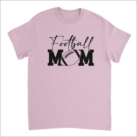 Pink Football Mom T-Shirt with black graphic and football O, heavyweight cotton