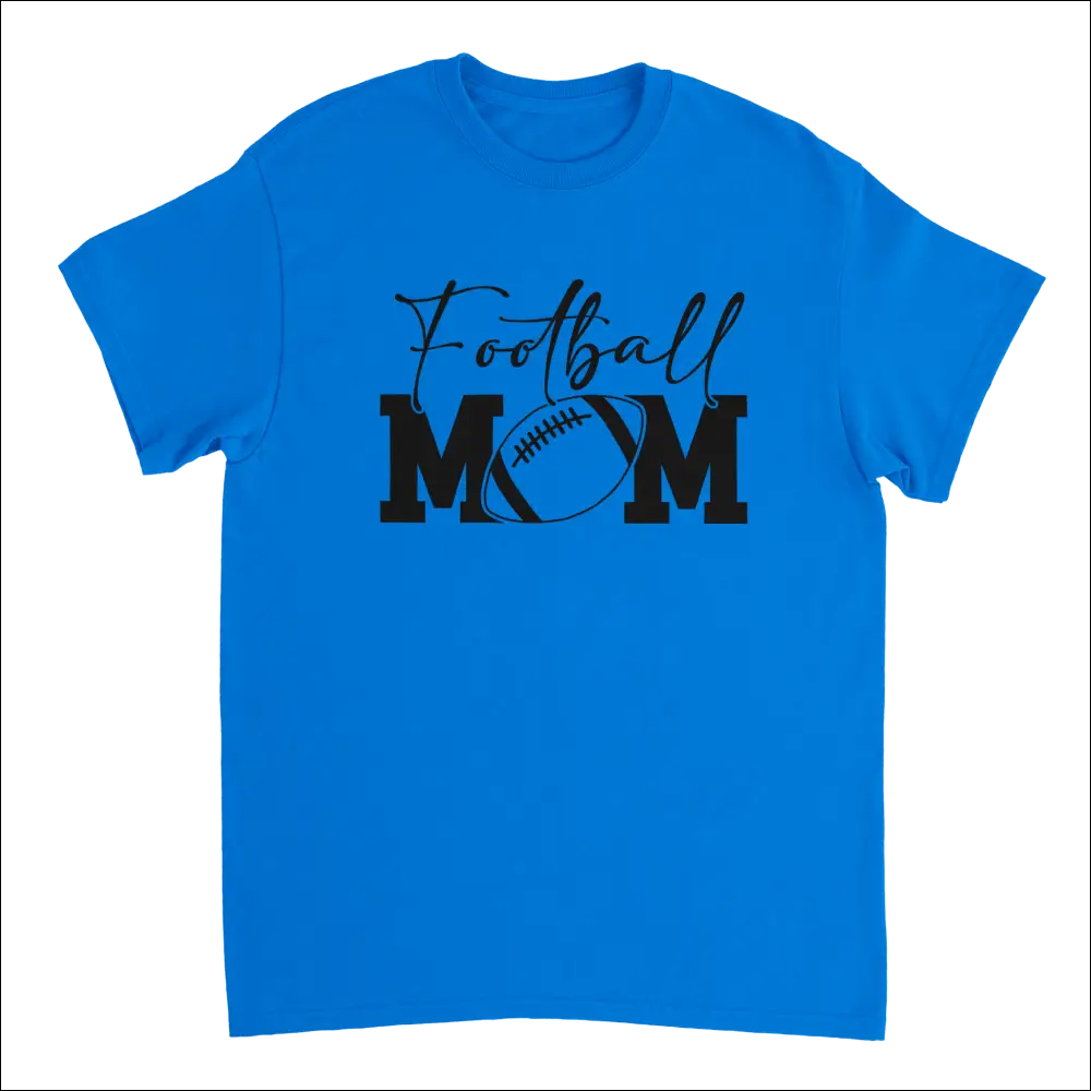 Bright blue Football Mom T-shirt with black graphic and football design
