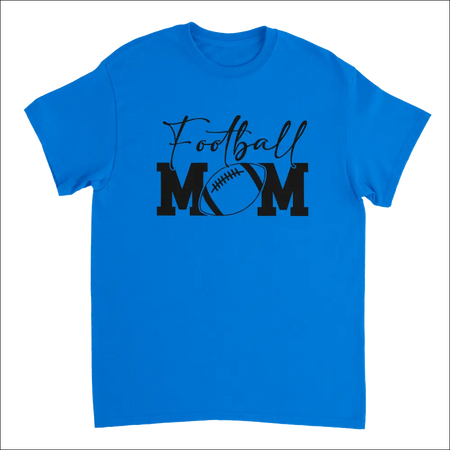 Bright blue Football Mom T-shirt with black graphic and football design