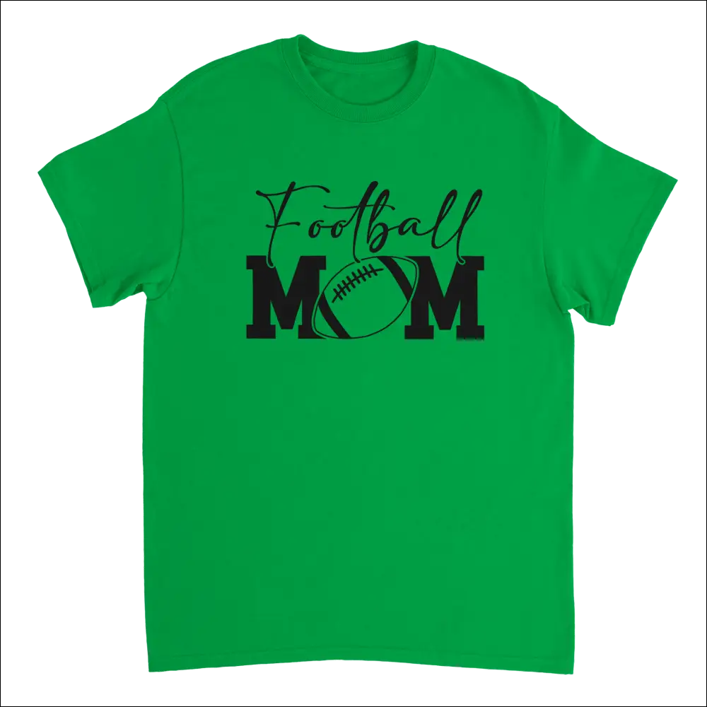 Vibrant green football mom t-shirt with black graphic and heavyweight cotton fit