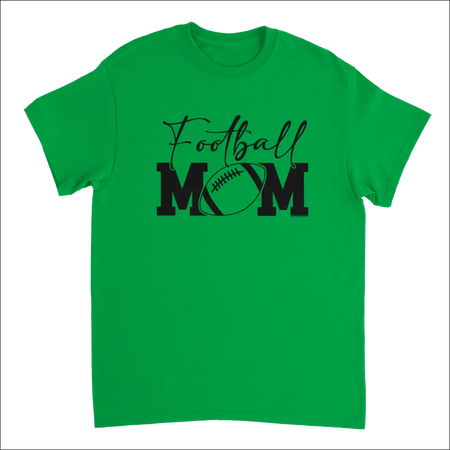 Vibrant green football mom t-shirt with black graphic and heavyweight cotton fit