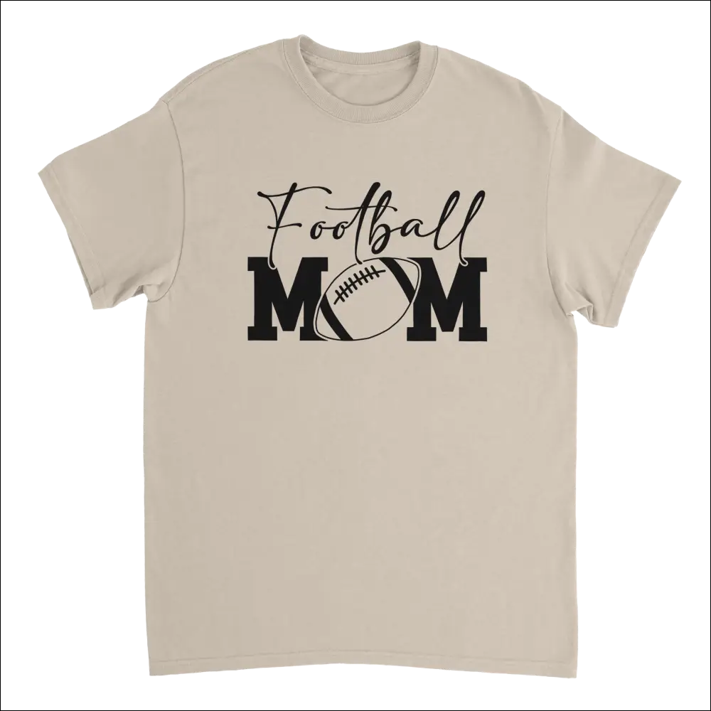 Beige short-sleeved football mom t-shirt with black graphic and heavyweight cotton fit