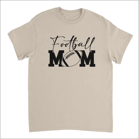 Beige short-sleeved football mom t-shirt with black graphic and heavyweight cotton fit