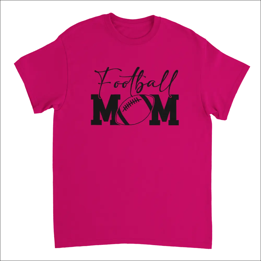 Vibrant pink Football Mom t-shirt with black football graphic, heavyweight cotton
