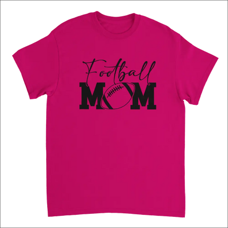 Vibrant pink Football Mom t-shirt with black football graphic, heavyweight cotton