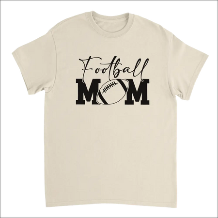 Cream-colored cotton Football Mom T-shirt with black cursive graphic