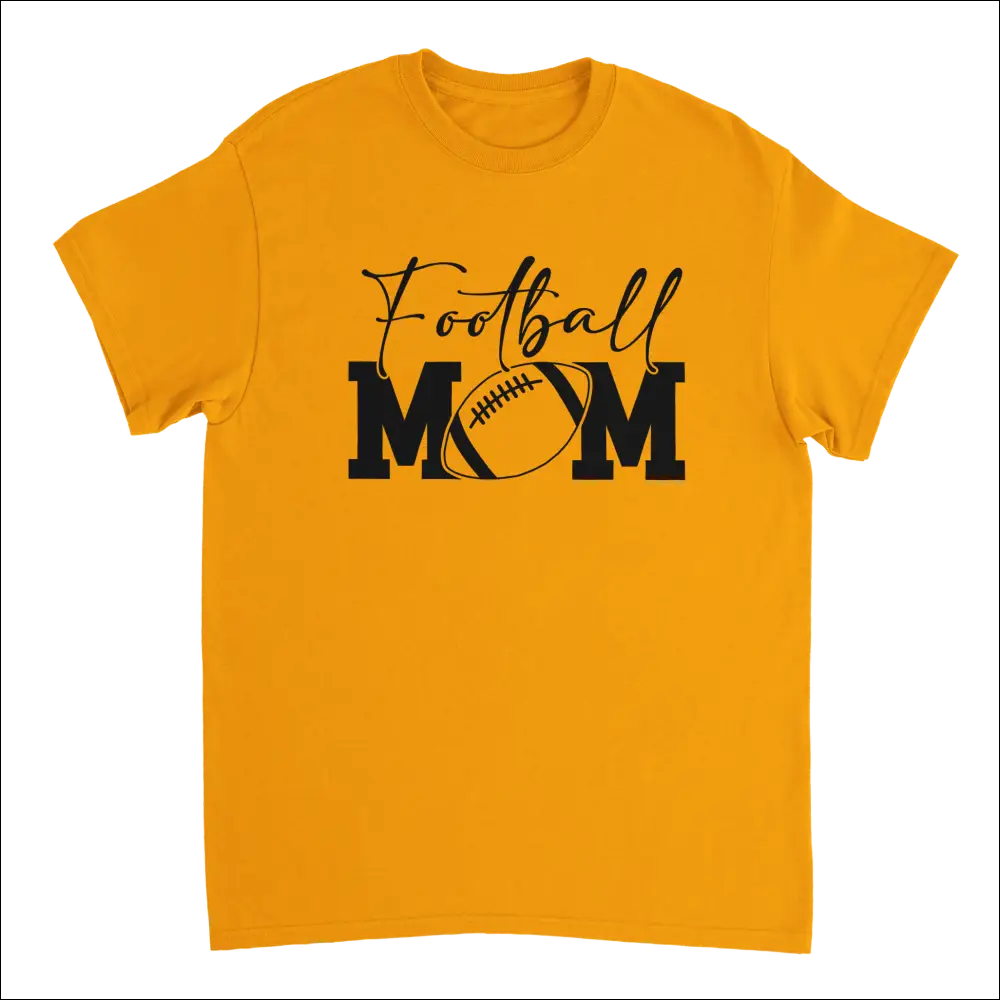 Golden short-sleeved Football Mom T-shirt with black graphic and football design