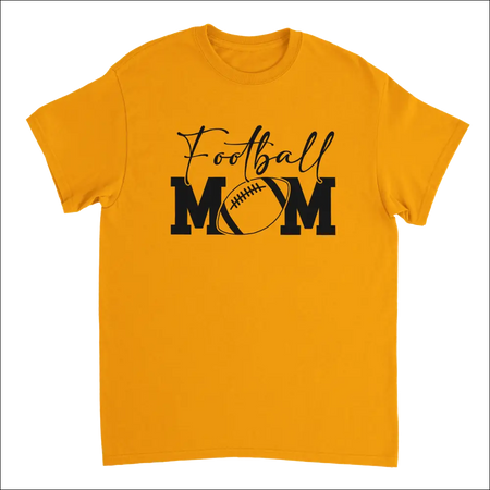 Golden short-sleeved Football Mom T-shirt with black graphic and football design