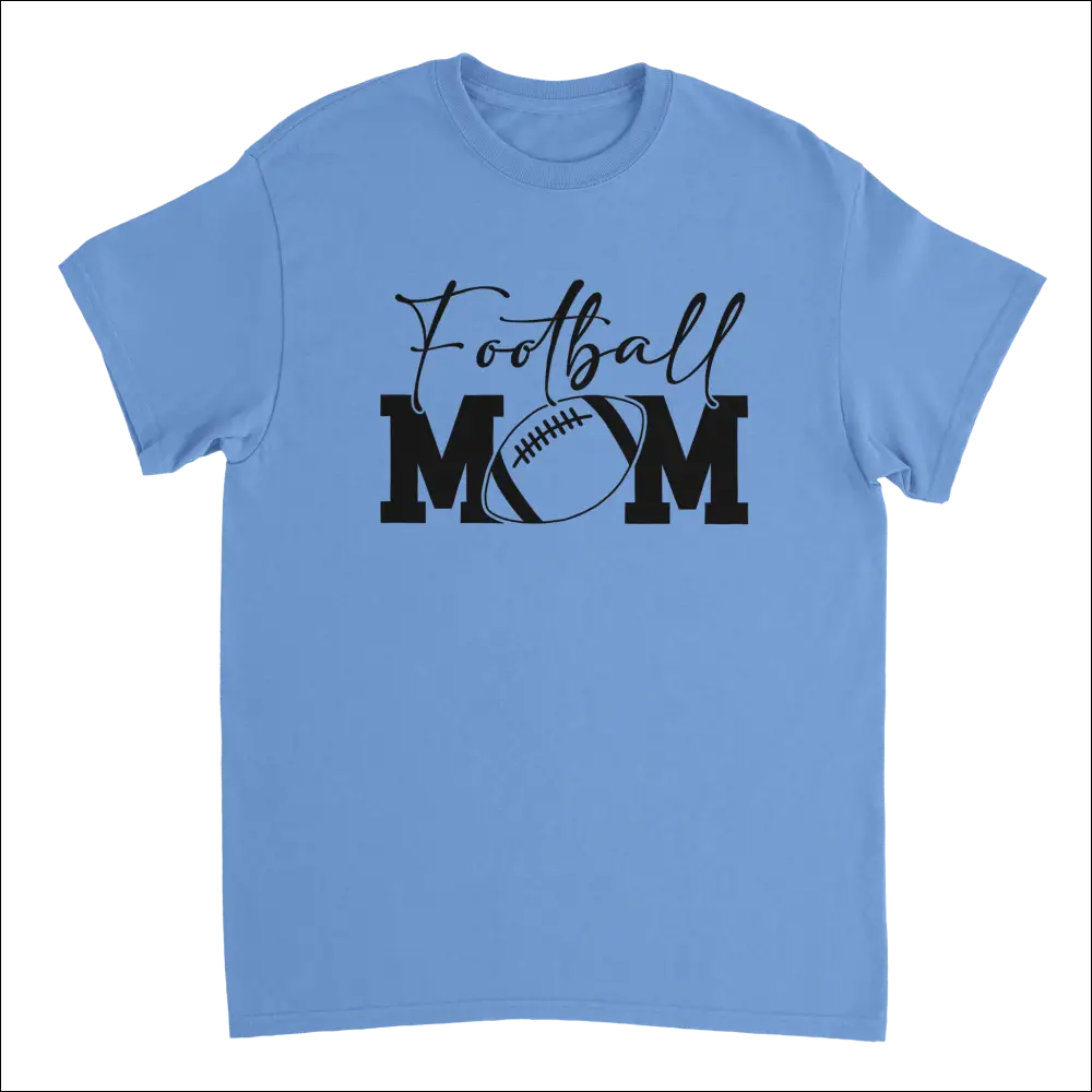 Light blue cotton Football Mom T-shirt with black football graphic