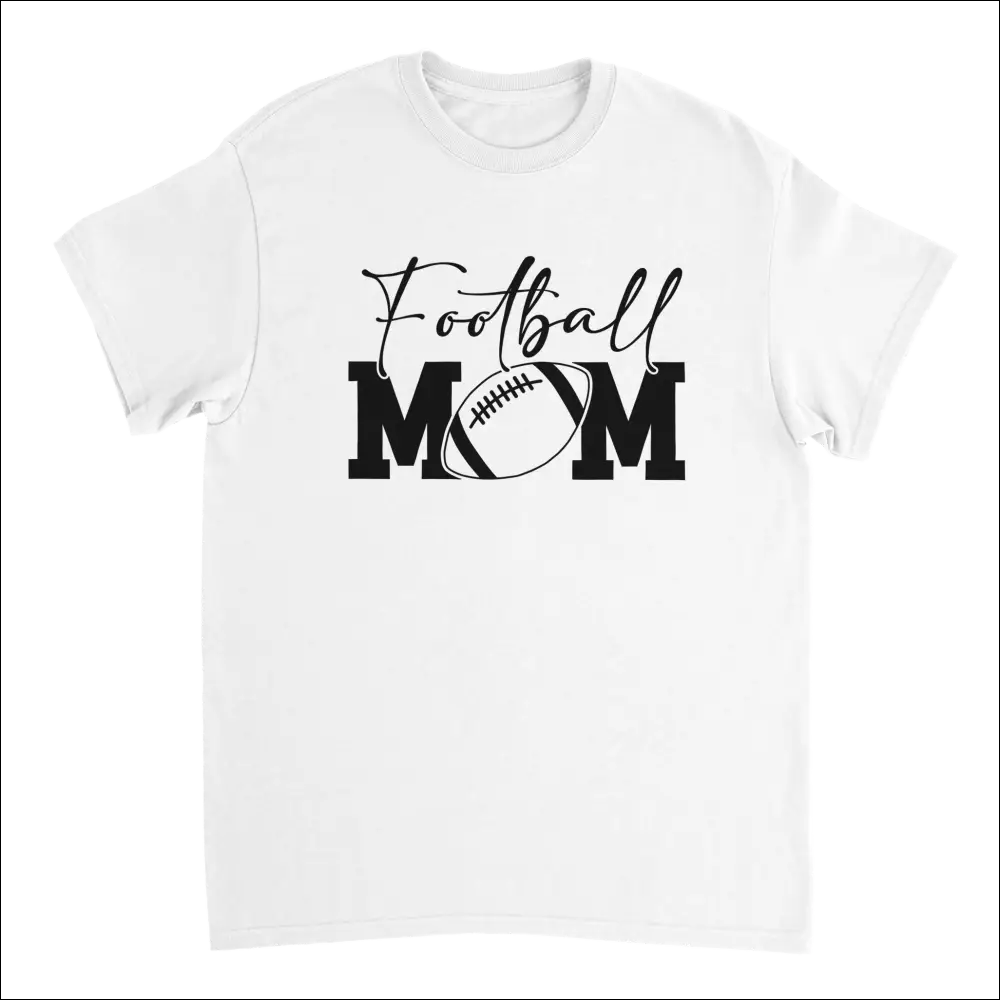 White cotton football mom t-shirt with cursive black graphic