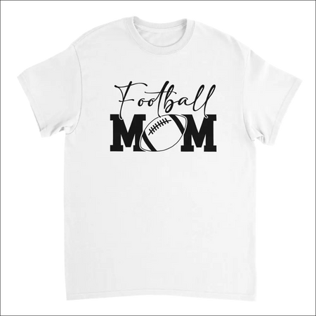 White cotton football mom t-shirt with cursive black graphic