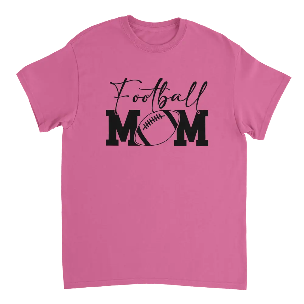 Pink short-sleeved Football Mom t-shirt with black football graphic