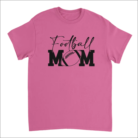 Pink short-sleeved Football Mom t-shirt with black football graphic