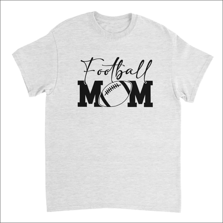 White cotton Football Mom t-shirt with black cursive graphic