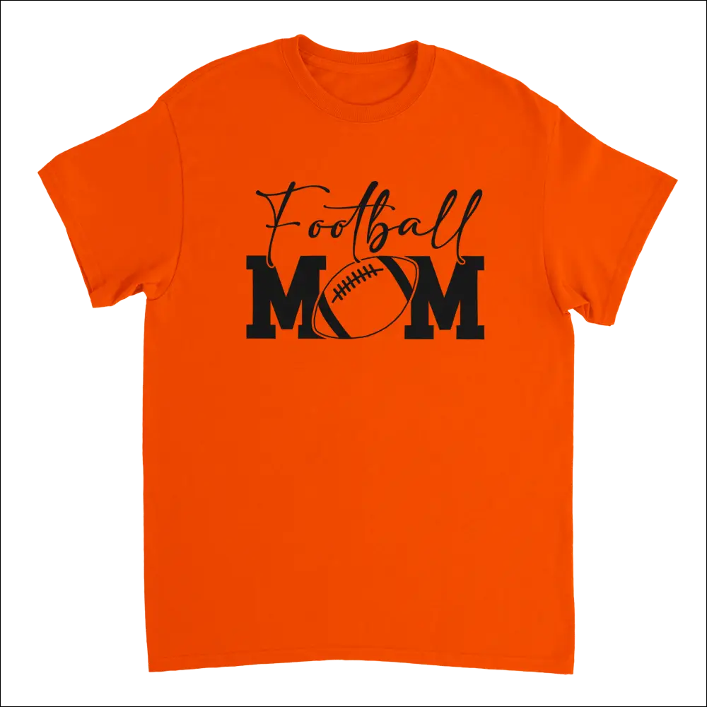 Bright orange football mom t-shirt with black graphic and football o