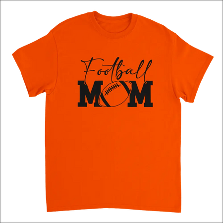 Bright orange football mom t-shirt with black graphic and football o