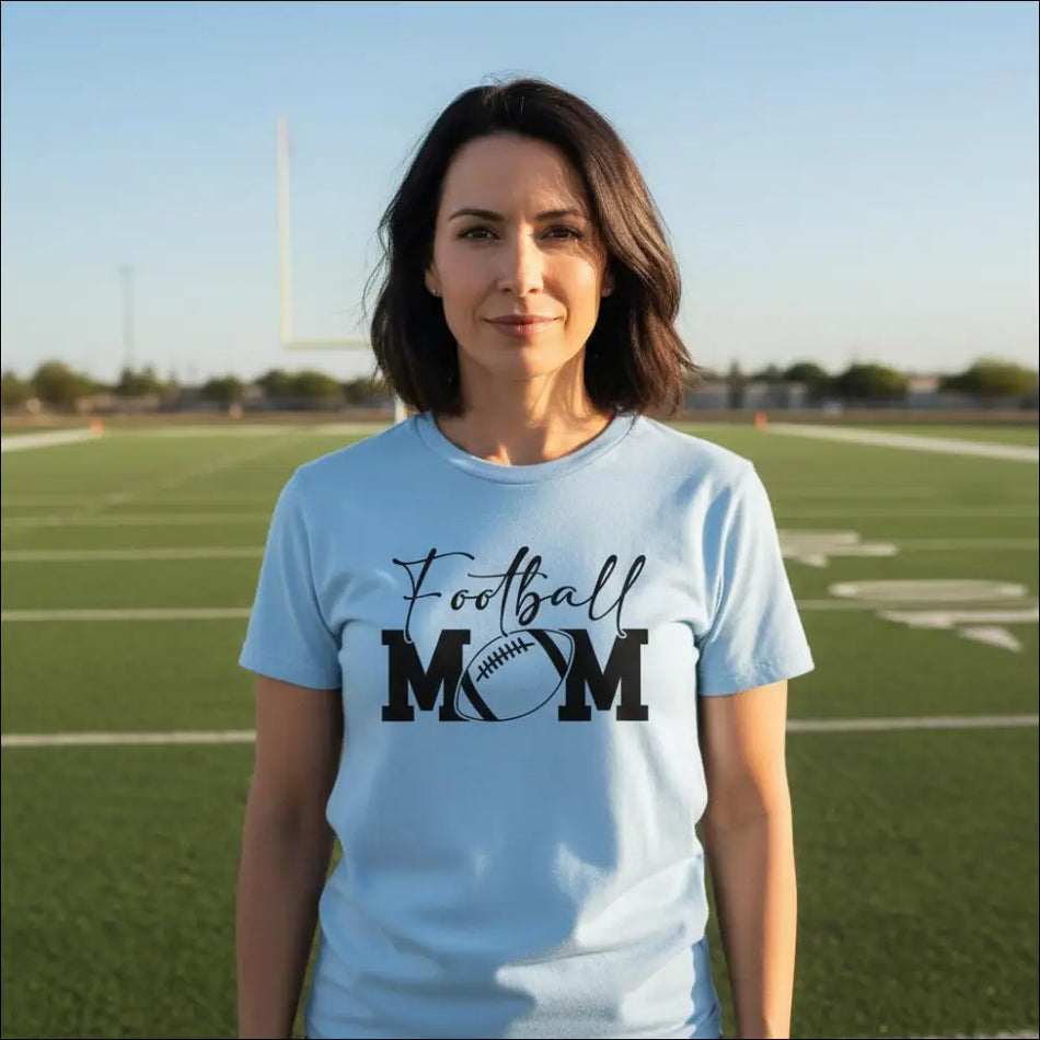 Light blue heavyweight cotton Football Mom t-shirt with black football graphic text