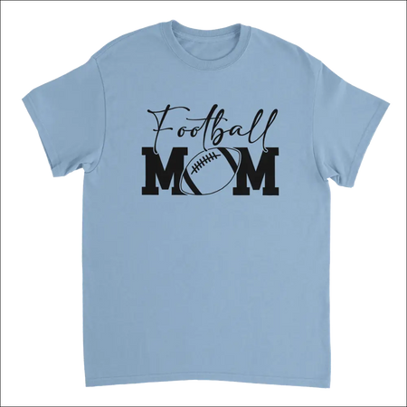 Light blue cotton Football Mom T-shirt with black graphic